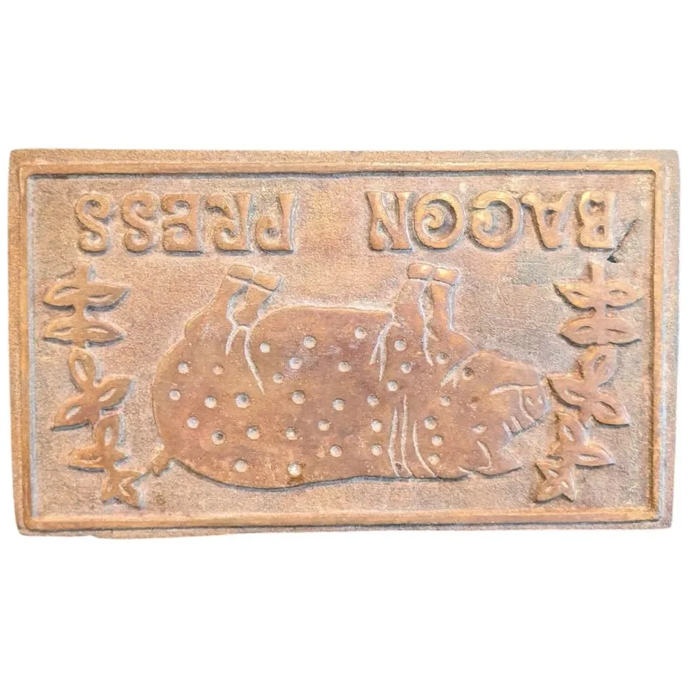 Bacon Press Cast Iron Pig Design Wood Handle Vtg Rustic Farmhouse Kitchen Tool